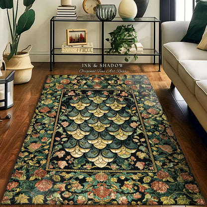 Moody Mysticism Dragon Scale Accent Rug | Dark Cottagecore Magical Medieval Area Rug Ornate Victorian Fantasy Aesthetic Book Nook Home Decor