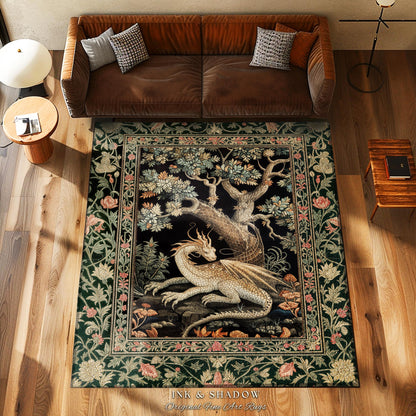 Fantasy Inspired Area Rug | Dark Academia Gothic Book Nook Decor Fairycore Bedroom Magical Dragon Aesthetic Maximalist Rug For Game Room |
