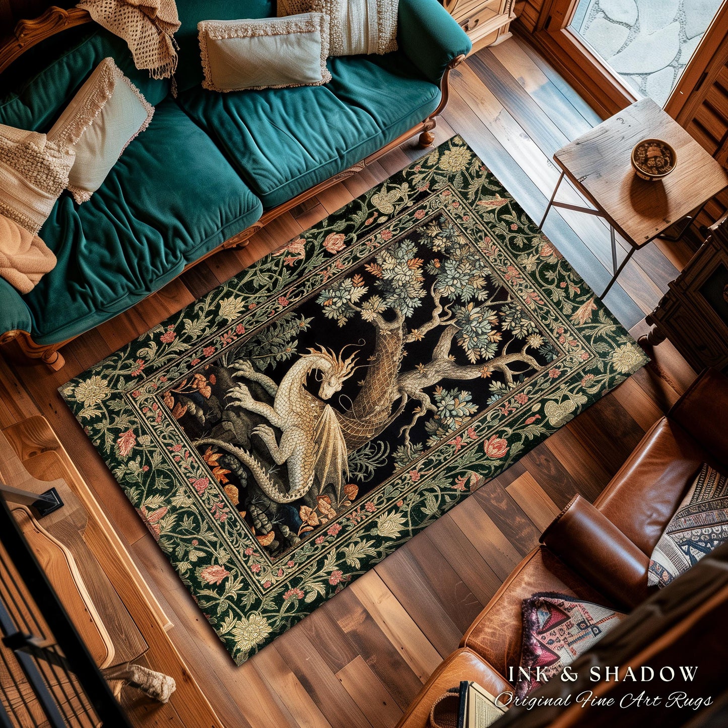 Fantasy Inspired Area Rug | Dark Academia Gothic Book Nook Decor Fairycore Bedroom Magical Dragon Aesthetic Maximalist Rug For Game Room |