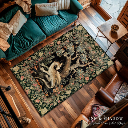 Fantasy Inspired Round Area Rug | Dark Academia Gothic Book Nook Decor Fairycore Bedroom Magical Dragon Aesthetic Maximalist Game Room Rug |