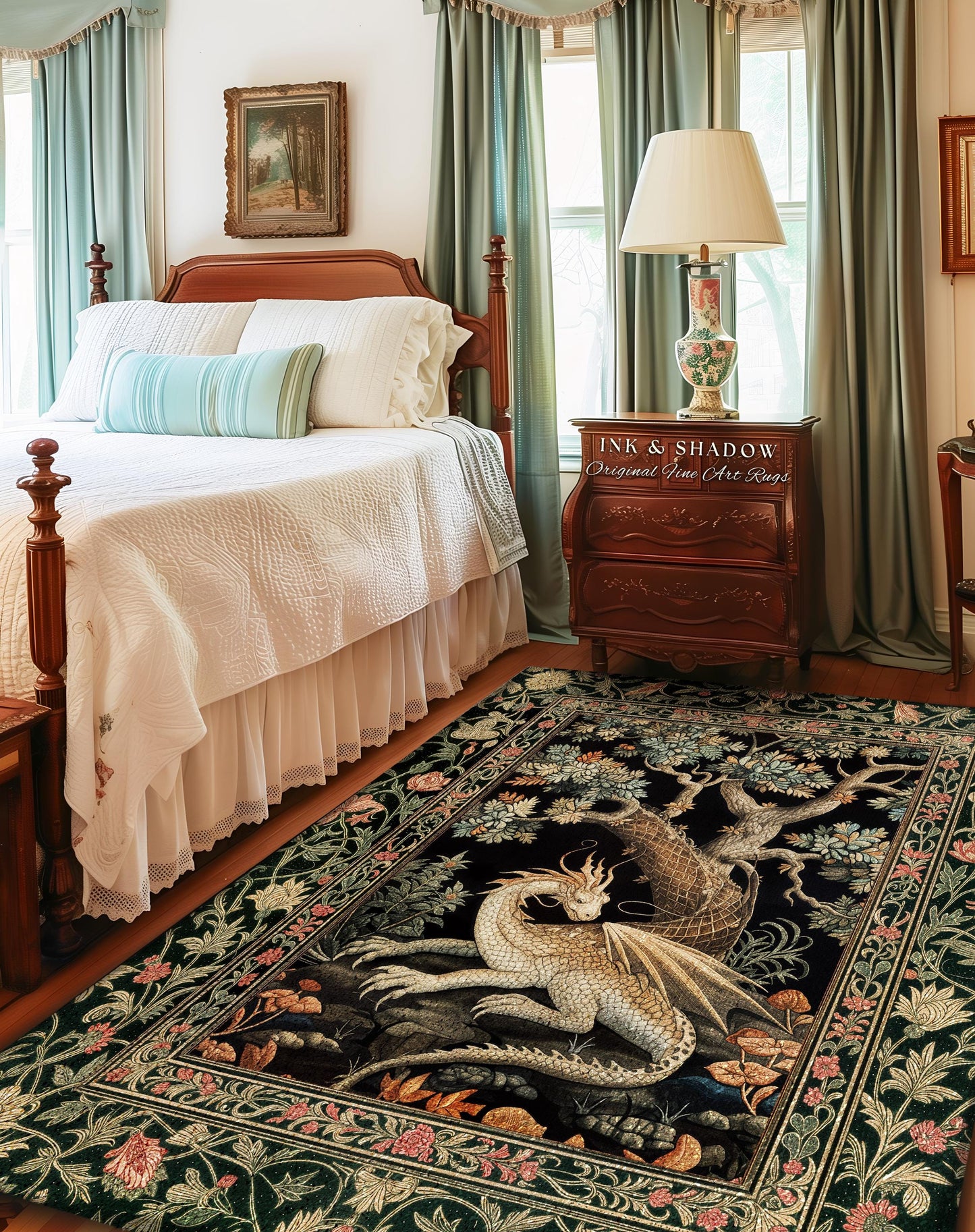 Fantasy Inspired Round Area Rug | Dark Academia Gothic Book Nook Decor Fairycore Bedroom Magical Dragon Aesthetic Maximalist Game Room Rug |