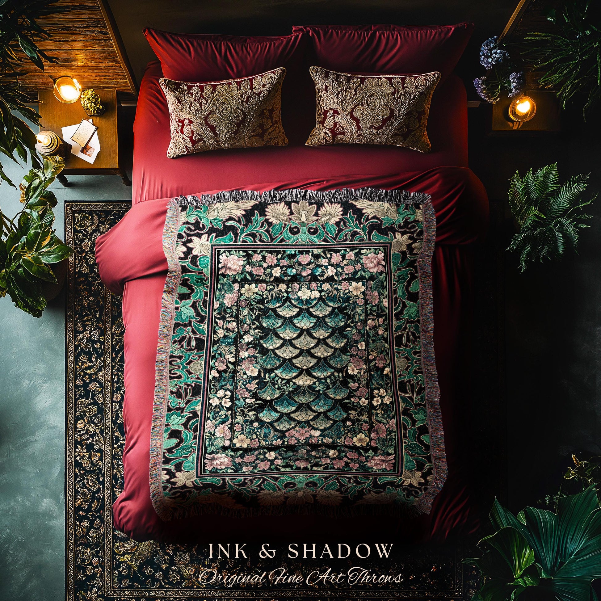 Maximalist Floral Eclectic Throw Blanket | Princesscore Royal Wall Tapestry Ethereal Pastel Storybook Medieval Magic Victorian Dragon Scales