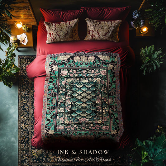 Maximalist Floral Eclectic Throw Blanket | Princesscore Royal Wall Tapestry Ethereal Pastel Storybook Medieval Magic Victorian Dragon Scales
