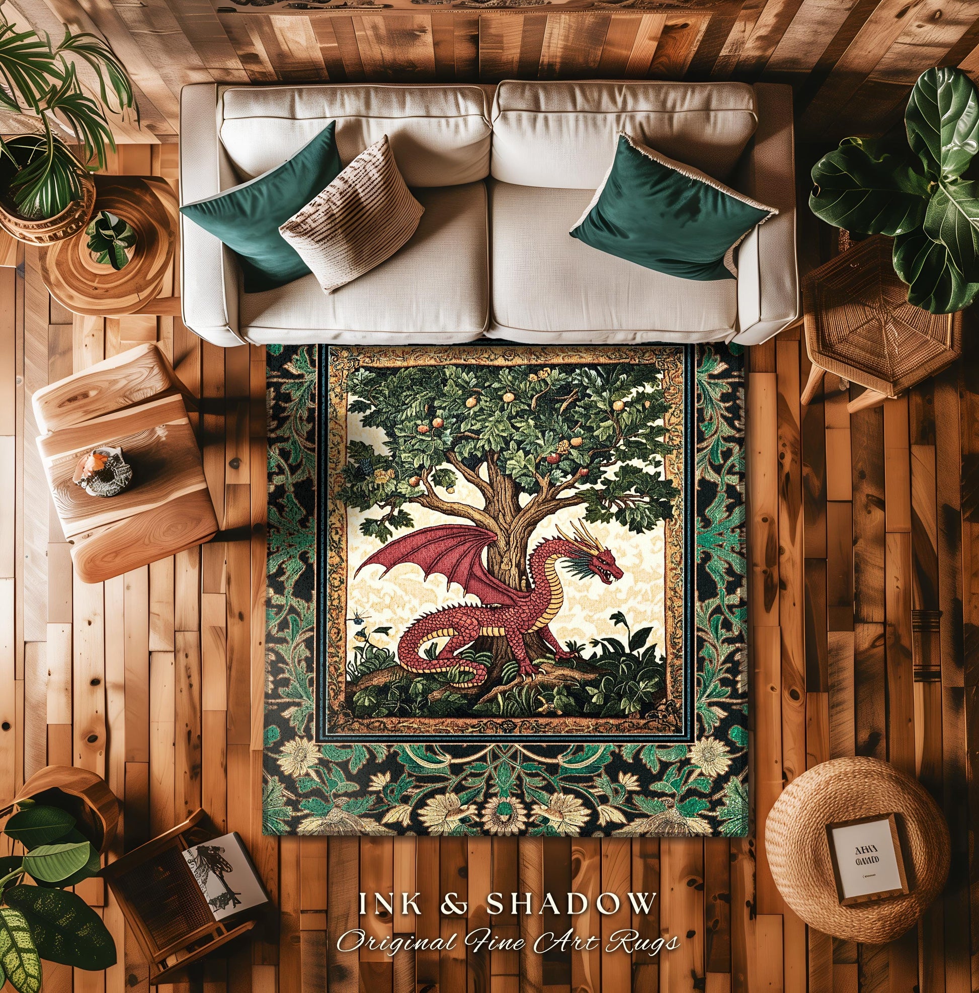 Reading Room Medieval Dragon Rug | Storybook Woodland Folklore Aesthetic Whimsical Princesscore Fairytale Accent Rug Tree of Life Victorian