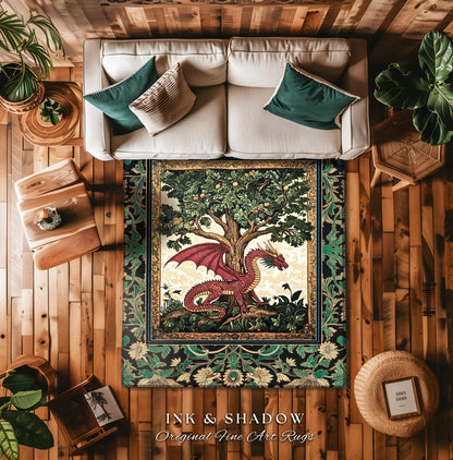 Reading Room Medieval Dragon Rug | Storybook Woodland Folklore Aesthetic Whimsical Princesscore Fairytale Accent Rug Tree of Life Victorian