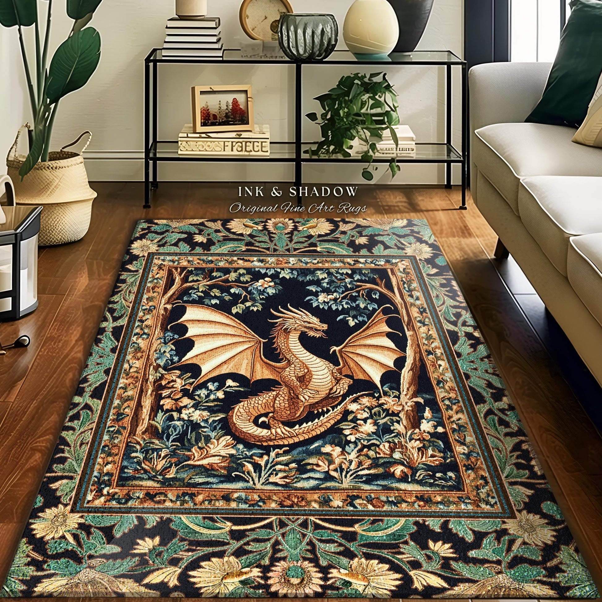 Golden Mystic Fairytale Dragon Rug | Storybook Aesthetic Dark Victorian Enchanted Gothic Art Forest Botanical Folklore Magical Home Accent |