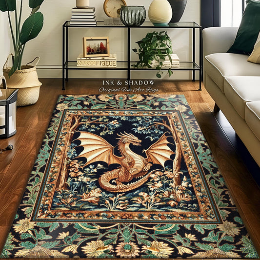 Golden Mystic Fairytale Dragon Rug | Storybook Aesthetic Dark Victorian Enchanted Gothic Art Forest Botanical Folklore Magical Home Accent |