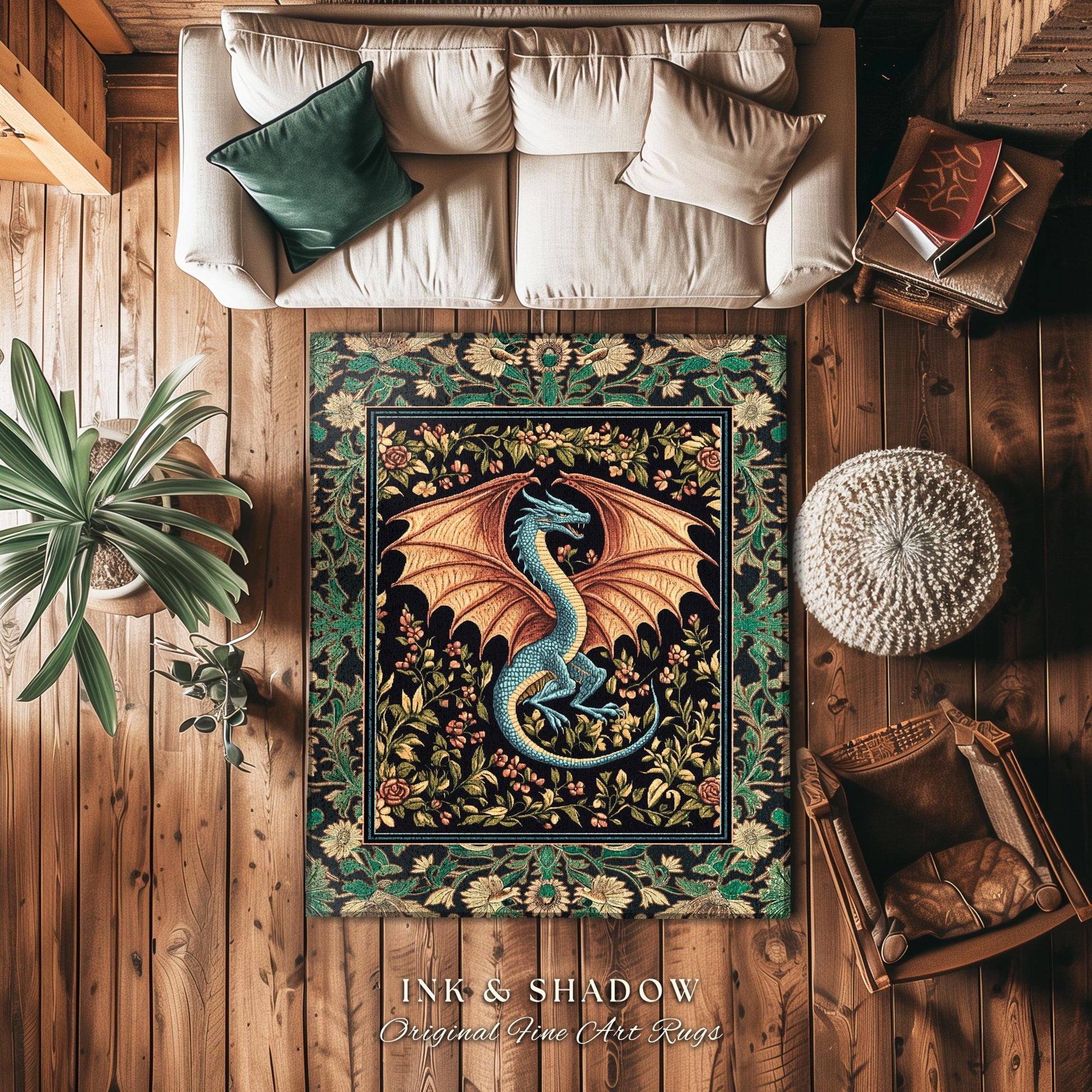 Fairycore Dragon Elegant Area Rug | Castlecore Fantasy Aesthetic Bedroom Middle Ages Medieval Storybook Home Decor Mythical Woodland Whimsy