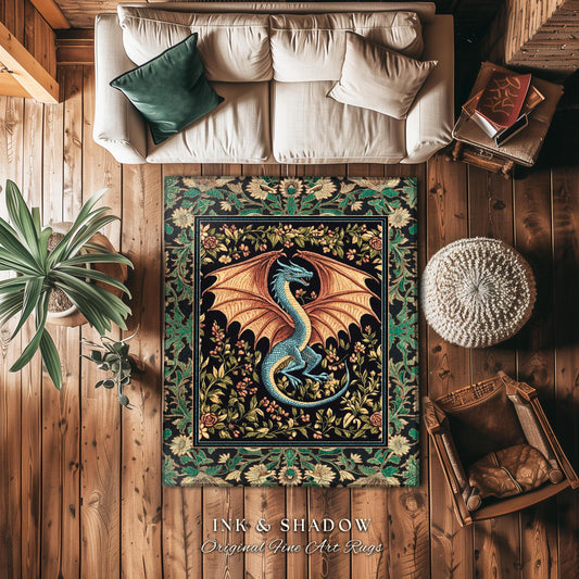 Fairycore Dragon Elegant Area Rug | Castlecore Fantasy Aesthetic Bedroom Middle Ages Medieval Storybook Home Decor Mythical Woodland Whimsy