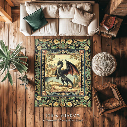 Black Dragon Royal Elegance Rug | Storybook Gilt Gothic Carpet Woodland Medieval Ornate Bedroom Ethereal Fairytale Botanical Bedroom Accent