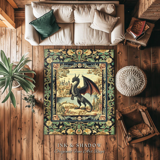 Black Dragon Royal Elegance Rug | Storybook Gilt Gothic Carpet Woodland Medieval Ornate Bedroom Ethereal Fairytale Botanical Bedroom Accent