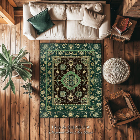 Dark Academia Emerald Statement Rug | Reading Nook Cozy Floor Rug Ornate Rug with Blue Green Detail Cottagecore Victorian Gothic Aesthetic
