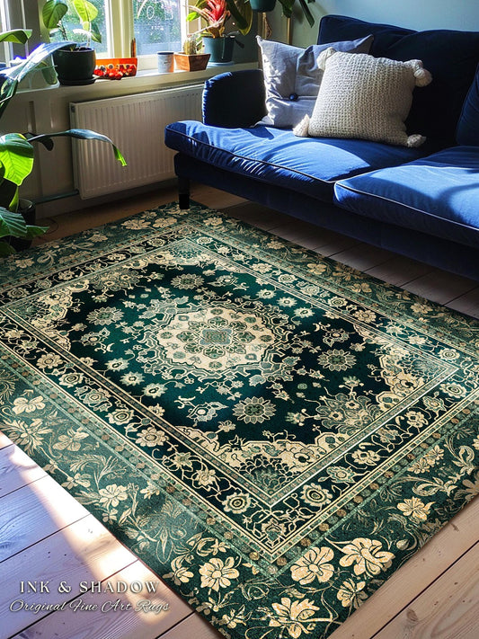 Victorian Gothic Bedroom Rug | Reading Nook Cozy Floor Rug Ornate Statement Rug with Blue Green Detail Cottagecore Dark Academia Aesthetic