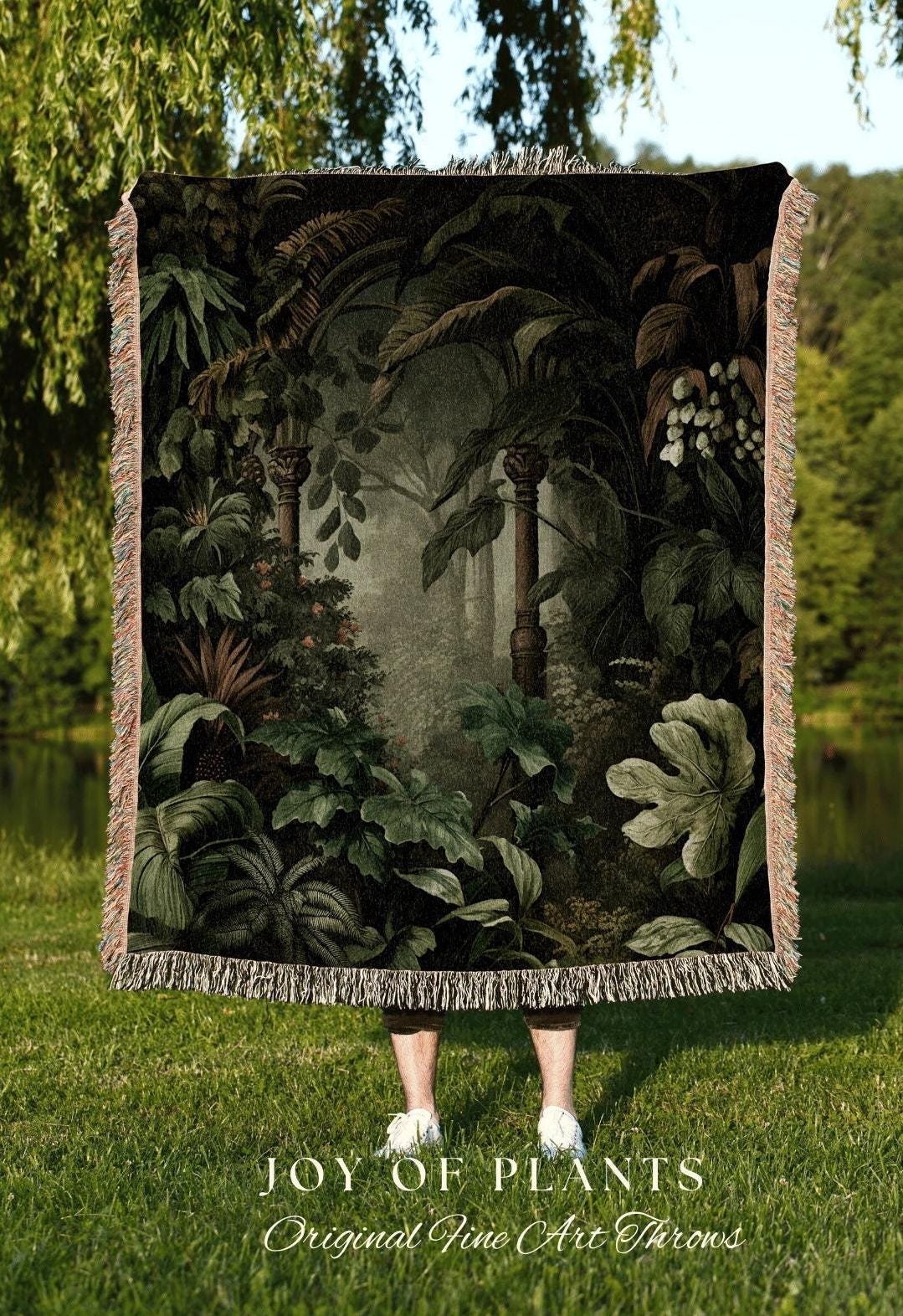 Misty Forest Tapestry Gothic | Woven Cotton Throw Blanket Dark Cottagecore Botanical Blanket Forest Tapestry Fairycore Bedroom Decor Jungle