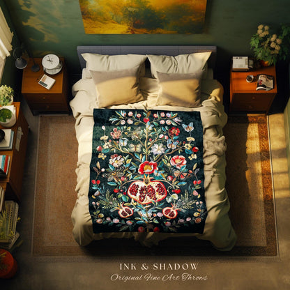 Fairycore Pomegranate Blanket Enchanted Woodland Tapestry Throw | Whimsical Cottagecore Butterfly Moth Vintage Aesthetic Dark Floral Decor