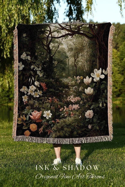 Dark Woodland Tapestry Blanket | Whimsigoth Wall Art Woven Blanket Victorian Gothic Aesthetic Tapestry Woven Botanical Fairy Decor Aesthetic