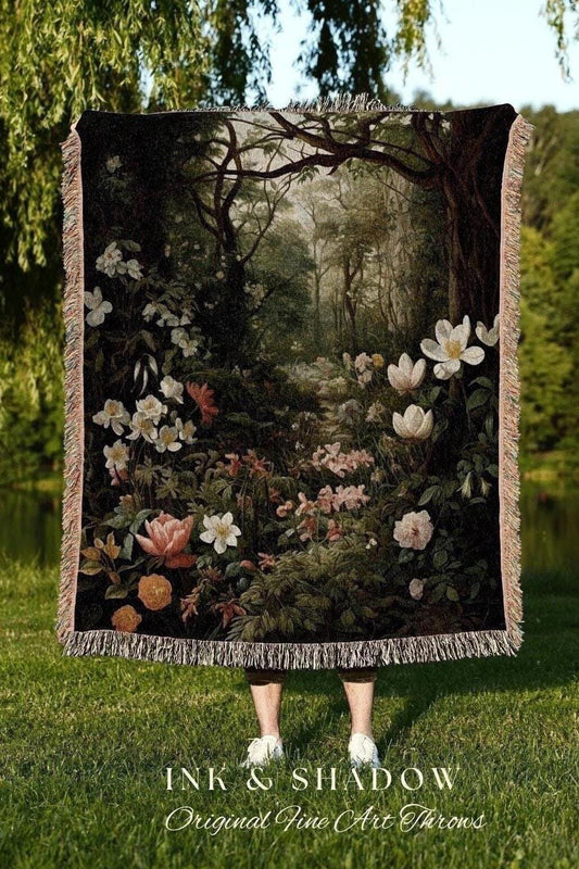 Dark Woodland Tapestry Blanket | Whimsigoth Wall Art Woven Blanket Victorian Gothic Aesthetic Tapestry Woven Botanical Fairy Decor Aesthetic