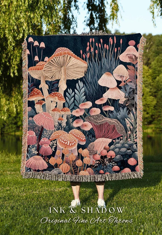 Maximalist Mushroom Blanket | Throw Gift for Mushroom Aesthetic Whimsical Witchy Decor Reading Nook Magical Woodland Toadstool Eclectic |
