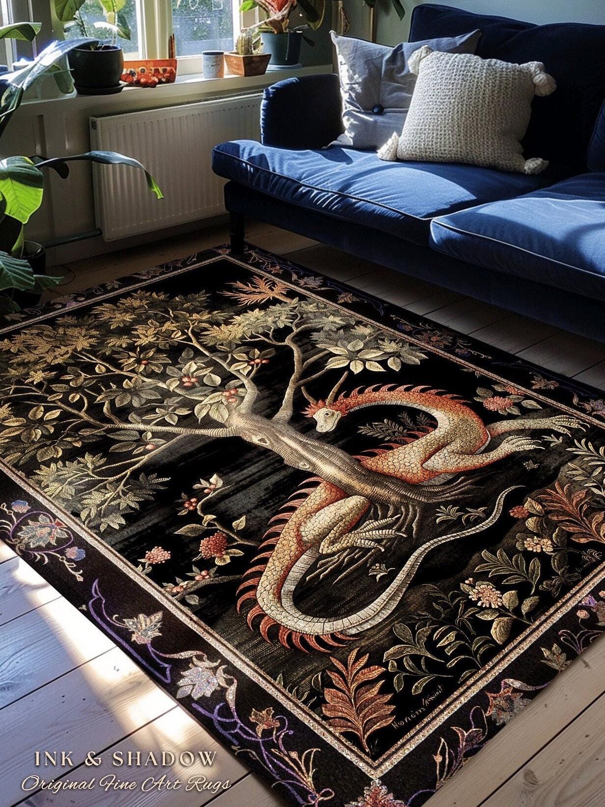 Goblincore Dragon Accent Rug | Medieval Fairytale Inspired Nursery Decor Morris Style Cottagecore Fairycore Gothic Dark Academia Bedroom |