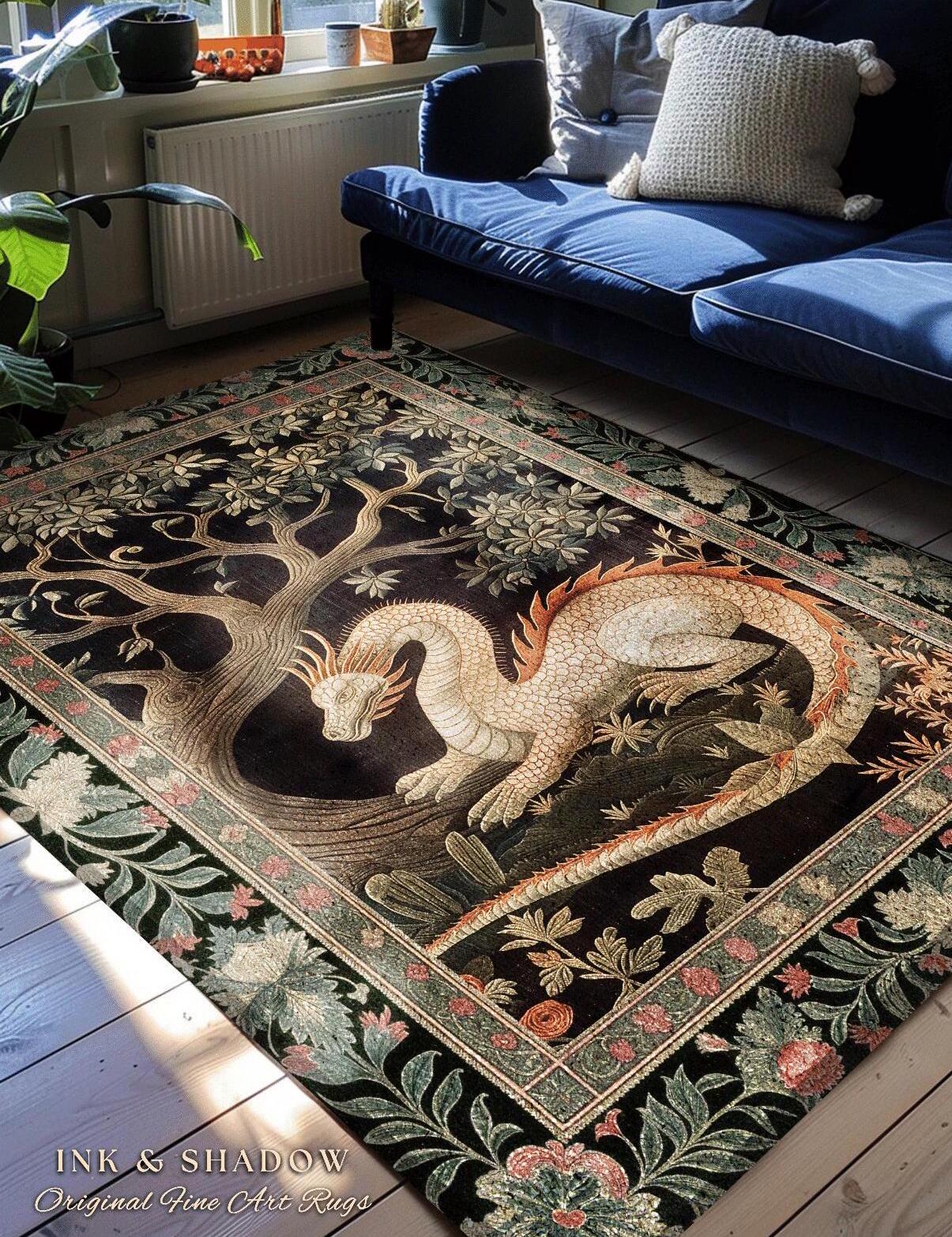Dragon Lover Bedroom Rug | Medieval Folklore Room Decor Fairytale Inspired DnD Gift Dark Cottagecore Fairycore Mystical Game Room Accent Rug