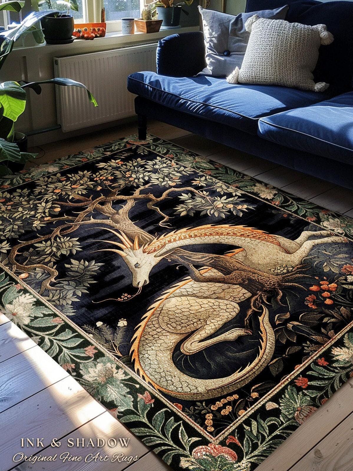 Dark Academia Dragon Round Area Rug | Medieval Folklore Room Decor Fairytale Inspired DnD Gift Dark Cottagecore Fairycore Mystical Game Room