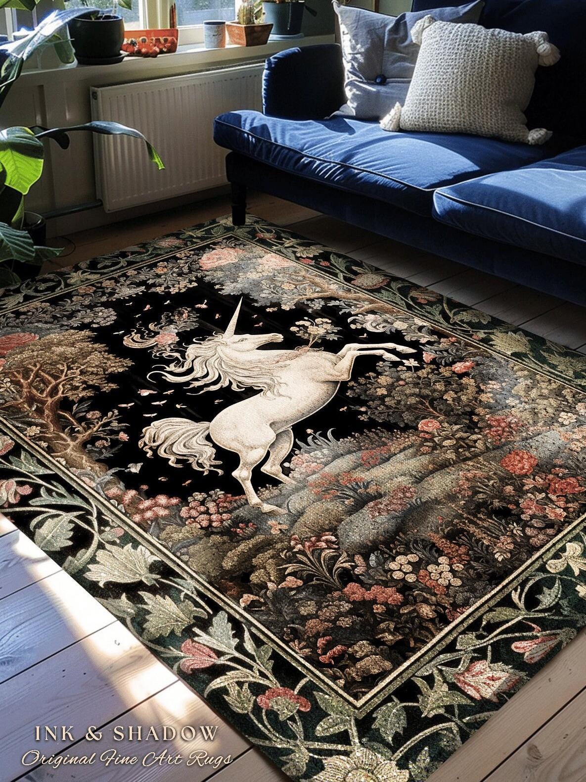 Unicorn Mystical Medieval Art Round Rug Folklore Whimsigothic Decor, Dark Cottagecore Mystic Grunge Fairycore Whimsical Witchy Home Accent |