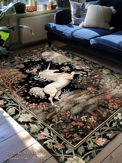 Unicorn Mystical Medieval Art Round Rug Folklore Whimsigothic Decor, Dark Cottagecore Mystic Grunge Fairycore Whimsical Witchy Home Accent |