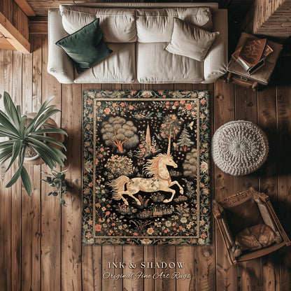 Fairy Grunge Unicorn Rug | Folklore Aesthetic Nursery Decor Morris Style Cottagecore Woodland Fairycore Mystical Throw Ethereal Unicorn Art