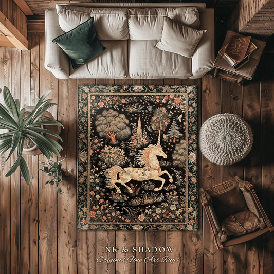 Fairy Grunge Unicorn Rug | Folklore Aesthetic Nursery Decor Morris Style Cottagecore Woodland Fairycore Mystical Throw Ethereal Unicorn Art