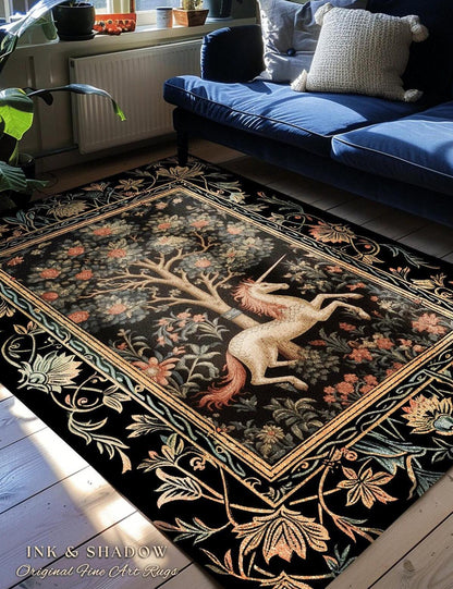 Medieval Unicorn Area Rug | Whimsical Room Decor William Morris Inspired Cottagecore Aesthetic Fairycore Bedroom Magical Unicorn Art