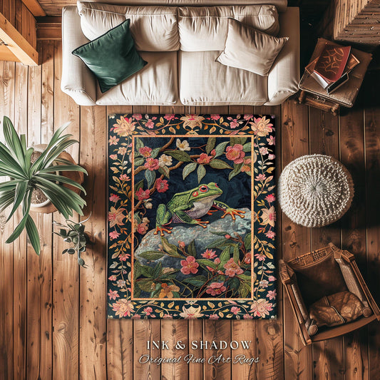 Tree Frog Eclectic Floral Rug | Goblincore Aesthetic Living Room Home Decor Frog Lover Gift Cottagecore Multi-Color Bedroom Floor Mat |