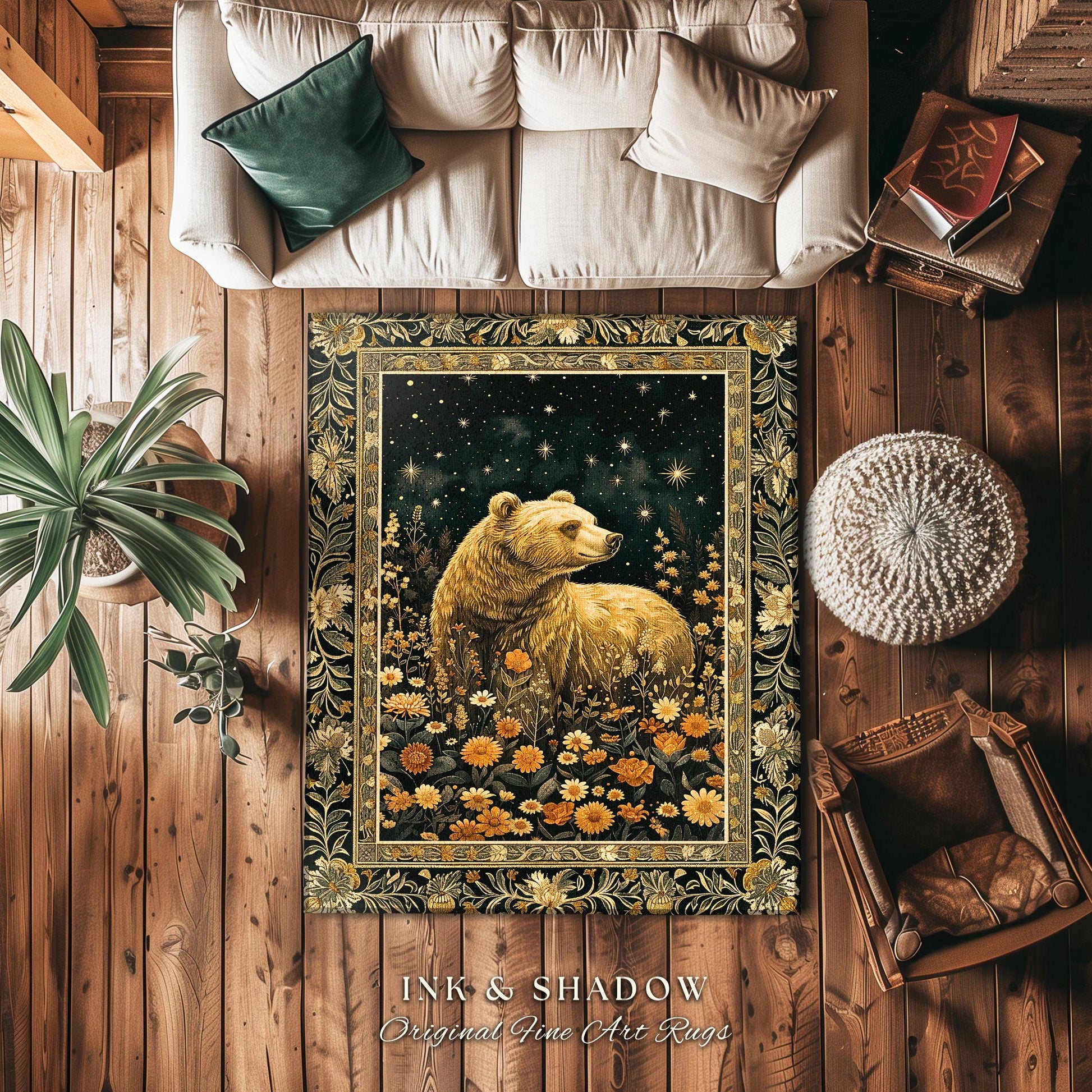 Golden Starlit Grizzly Bear Rug Mystical Meadow Whimsical Wildflower Decor | Vintage Forestcore Cottagecore Celestial Woodland Animal Art