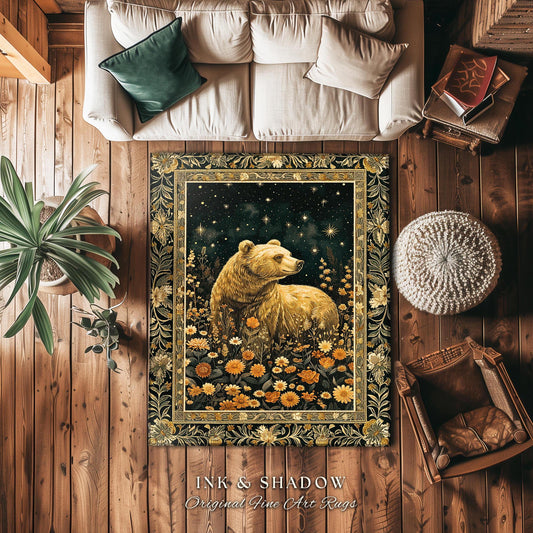 Golden Starlit Grizzly Bear Rug Mystical Meadow Whimsical Wildflower Decor | Vintage Forestcore Cottagecore Celestial Woodland Animal Art