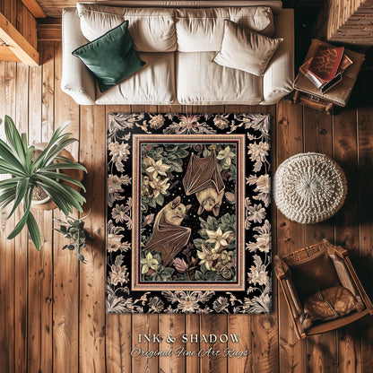Dark Cottagecore Celestial Bat Lover Rug Boho Floral Victorian Gothic Decor | Whimsical Woodland Dark Bat Forestcore Ethereal Botanical Rug