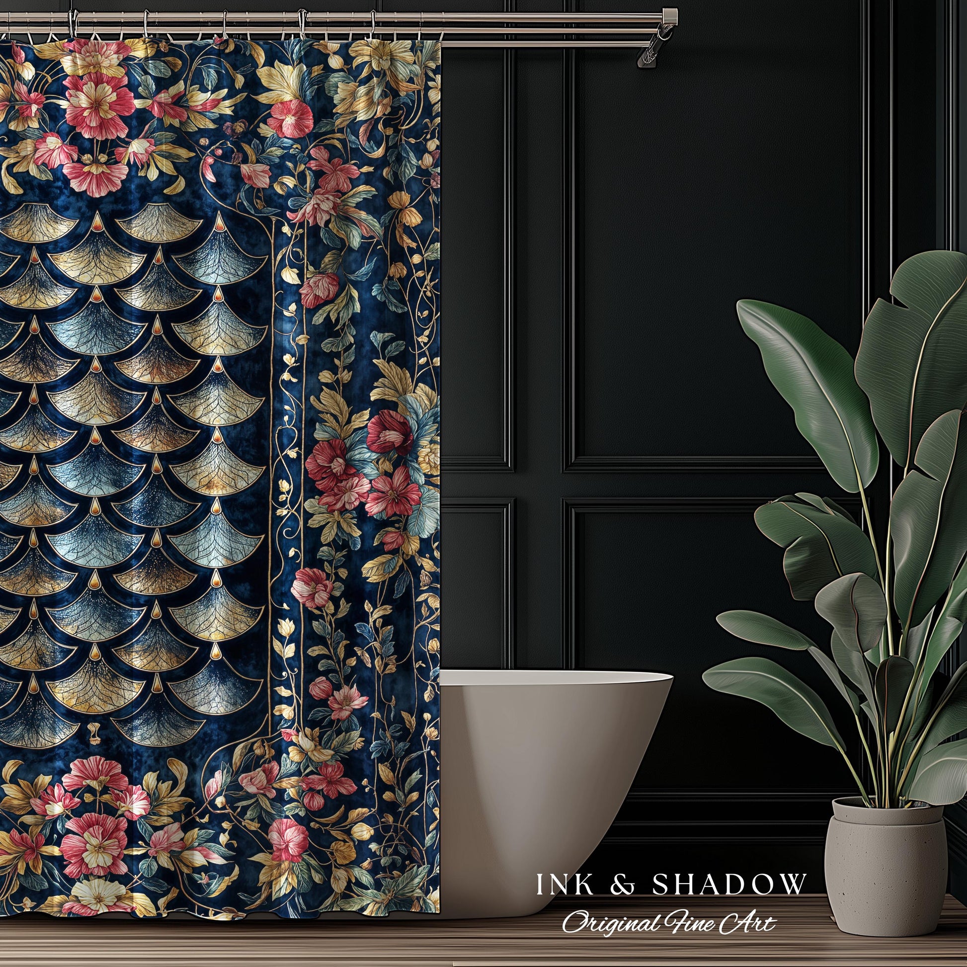 Ethereal Magic Floral Folklore Shower Curtain | Storybook Fairytale Dragon Scale Medieval Wildflower Bathroom Accent Decorative Princesscore