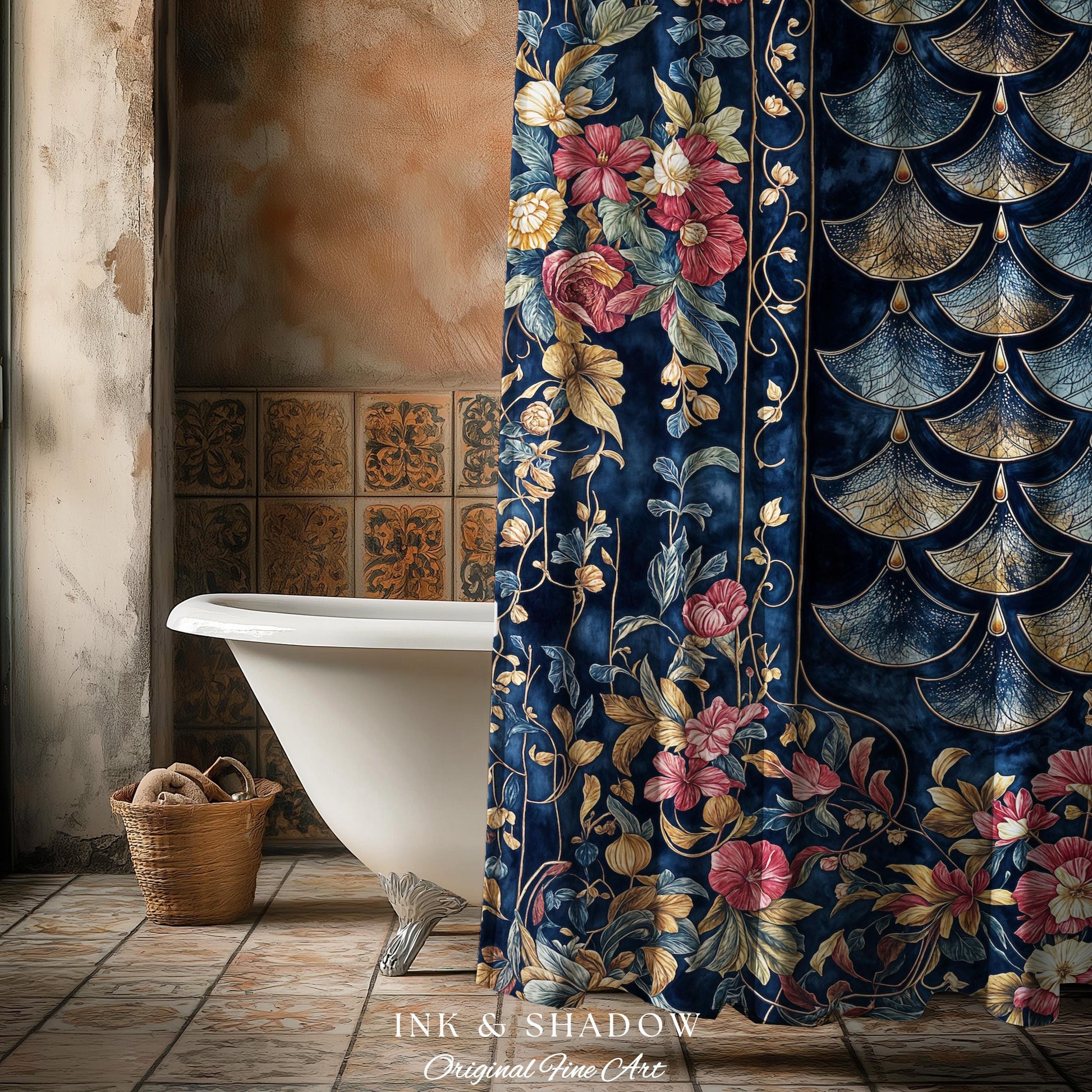 Ethereal Magic Floral Folklore Shower Curtain | Storybook Fairytale Dragon Scale Medieval Wildflower Bathroom Accent Decorative Princesscore
