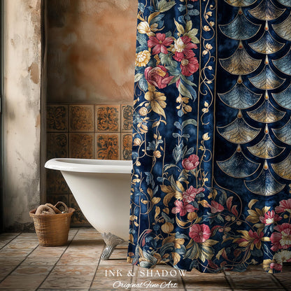 Ethereal Magic Floral Folklore Shower Curtain | Storybook Fairytale Dragon Scale Medieval Wildflower Bathroom Accent Decorative Princesscore