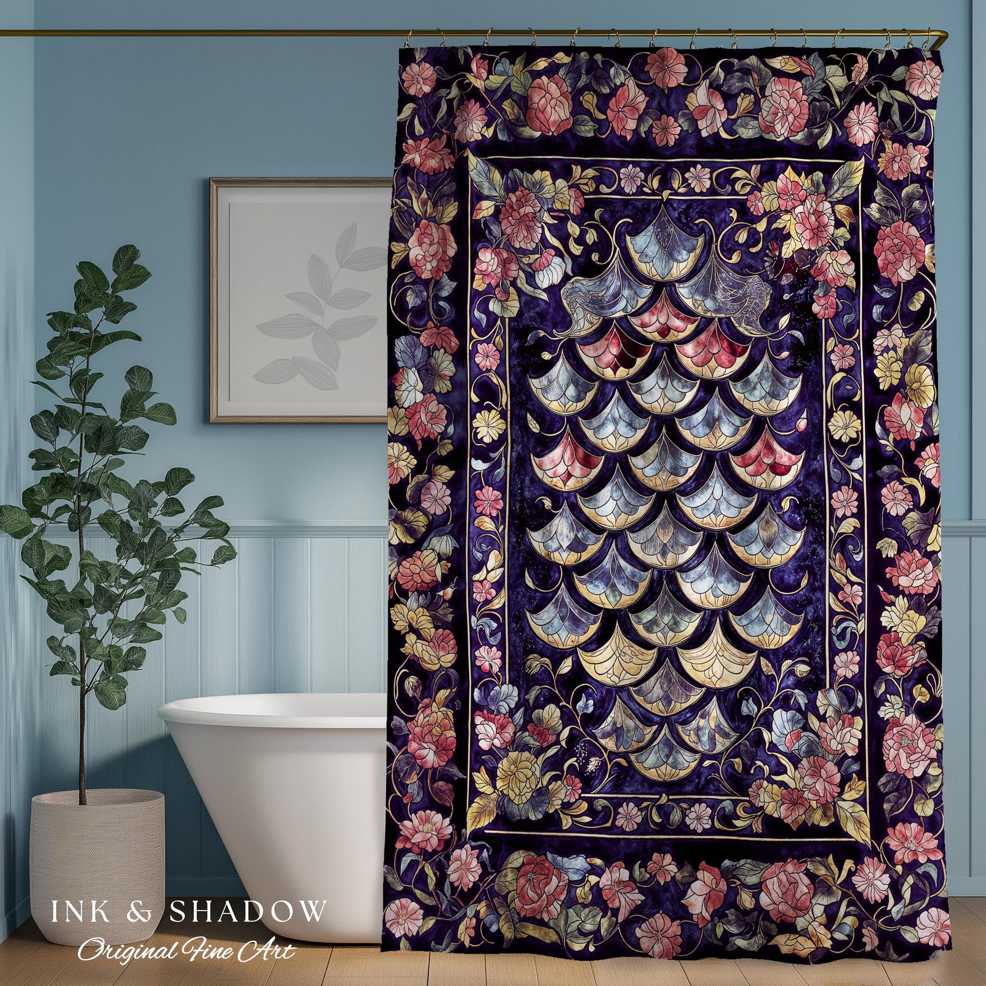Princesscore Royal Ornate Shower Curtain | Whimsical Floral Fairytale Bathroom Dark Storybook Fairytale Dragon Scale Medieval Folklore Art