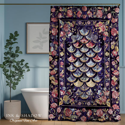 Princesscore Royal Ornate Shower Curtain | Whimsical Floral Fairytale Bathroom Dark Storybook Fairytale Dragon Scale Medieval Folklore Art