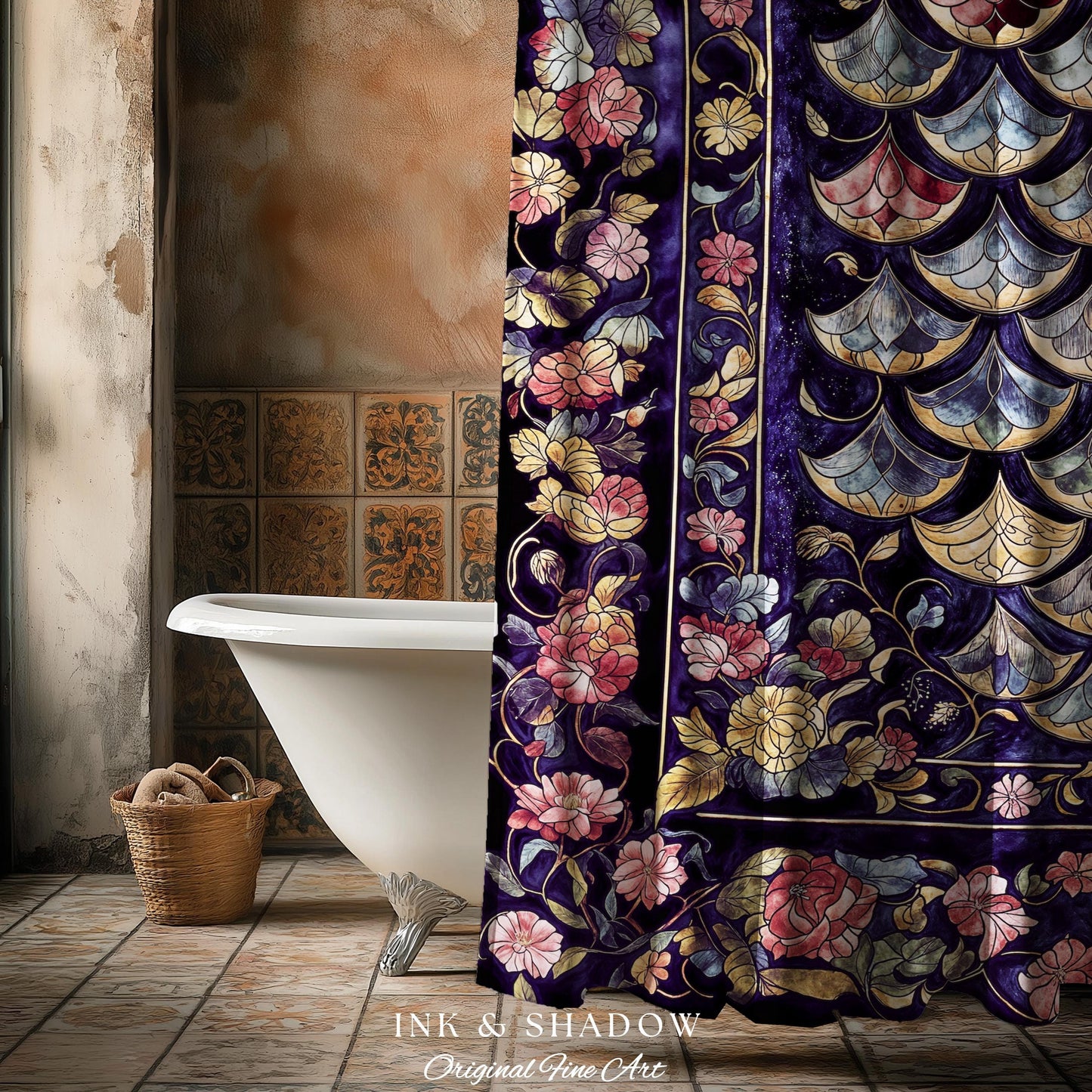Princesscore Royal Ornate Shower Curtain | Whimsical Floral Fairytale Bathroom Dark Storybook Fairytale Dragon Scale Medieval Folklore Art