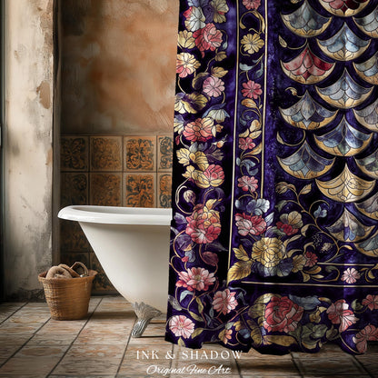 Princesscore Royal Ornate Shower Curtain | Whimsical Floral Fairytale Bathroom Dark Storybook Fairytale Dragon Scale Medieval Folklore Art
