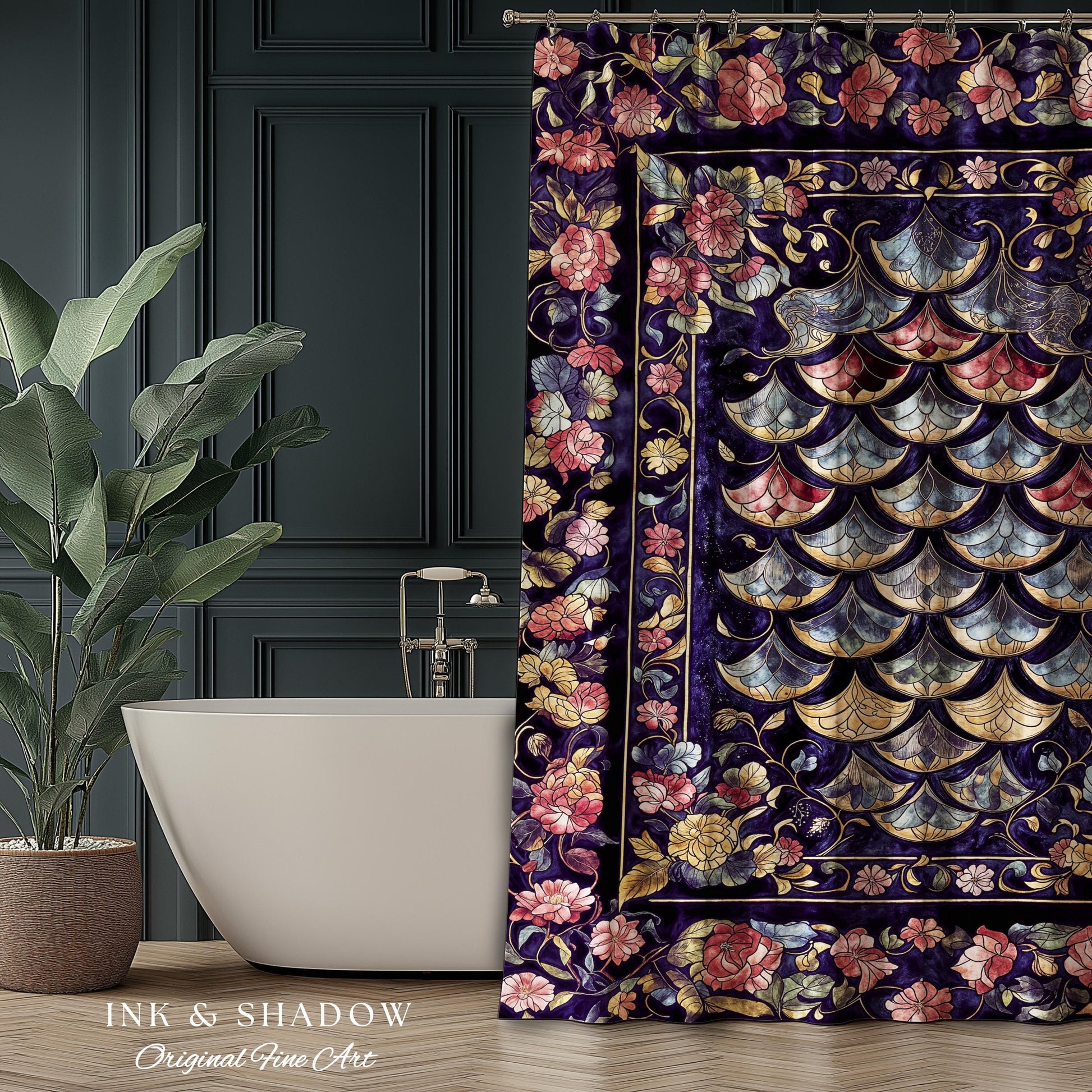 Princesscore Royal Ornate Shower Curtain | Whimsical Floral Fairytale Bathroom Dark Storybook Fairytale Dragon Scale Medieval Folklore Art