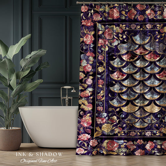 Princesscore Royal Ornate Shower Curtain | Whimsical Floral Fairytale Bathroom Dark Storybook Fairytale Dragon Scale Medieval Folklore Art