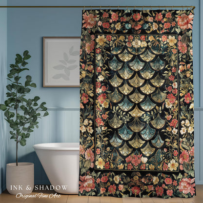 Floral Fantasy Fairytale Cozy Bathroom Shower Curtain | Ethereal Flowers Medieval Aesthetic Decorative Woven Tapestry Fairycore Princess |