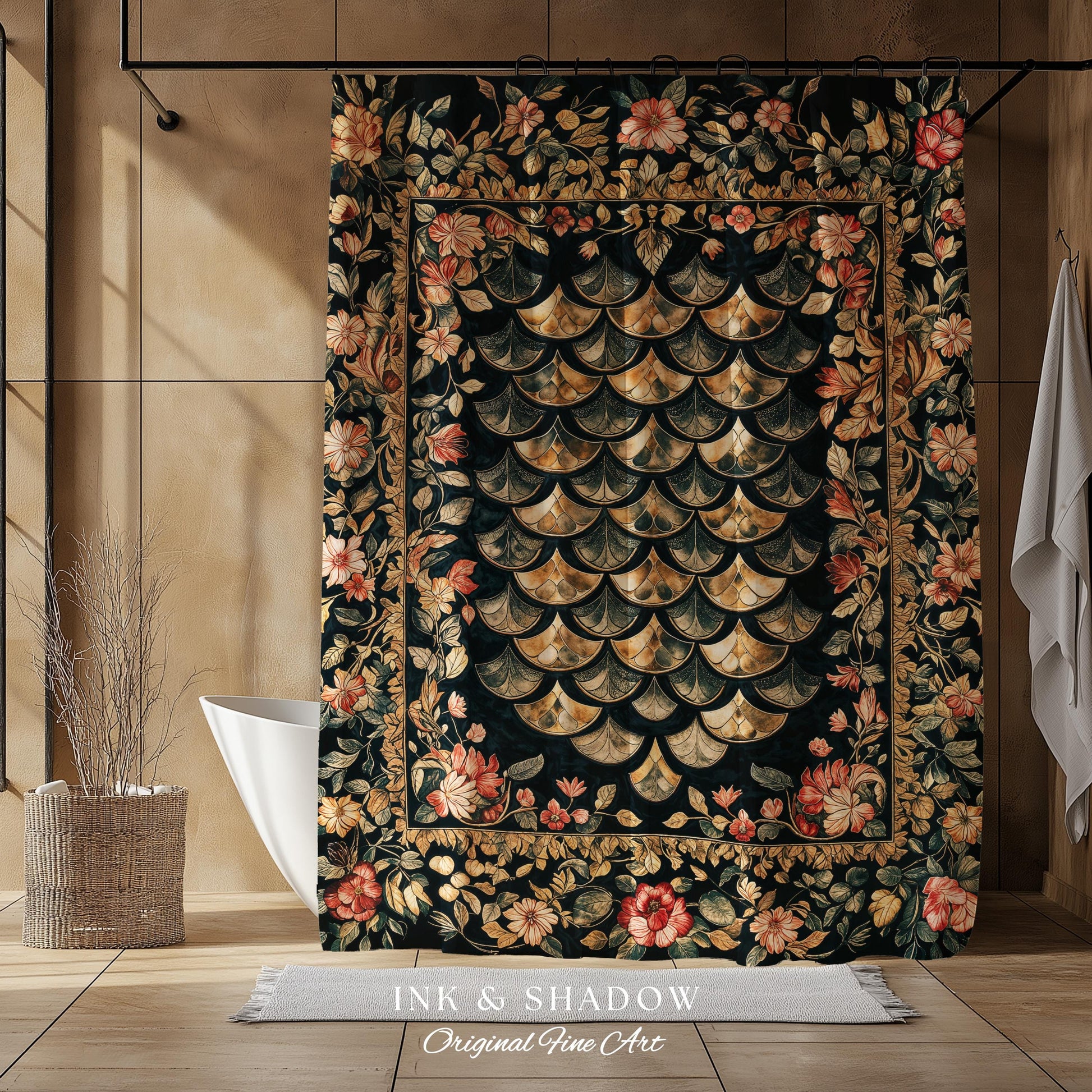 Dark Floral Nordic Inspired Shower Curtain | Pink Botanical Fairytale Bathroom Decor Woodland Ethereal Dragon Scales Medieval Aesthetic Art