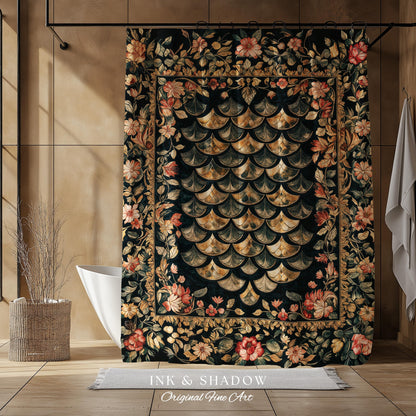Dark Floral Nordic Inspired Shower Curtain | Pink Botanical Fairytale Bathroom Decor Woodland Ethereal Dragon Scales Medieval Aesthetic Art