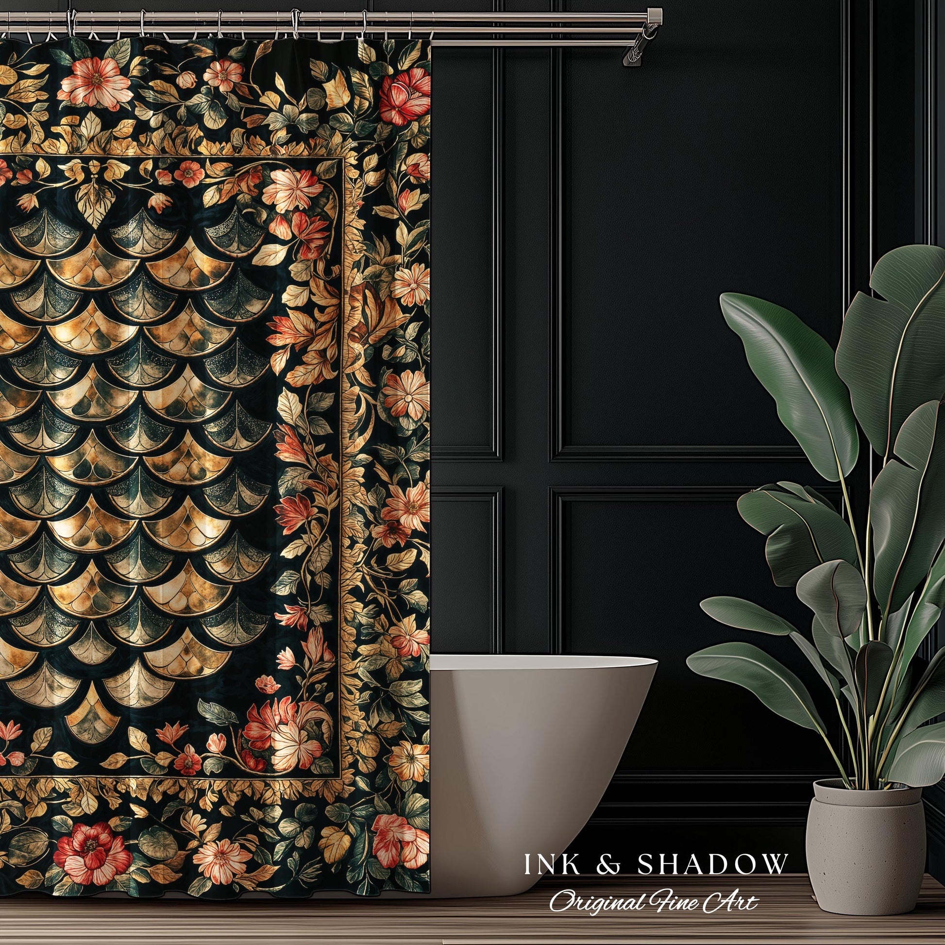 Dark Floral Nordic Inspired Shower Curtain | Pink Botanical Fairytale Bathroom Decor Woodland Ethereal Dragon Scales Medieval Aesthetic Art