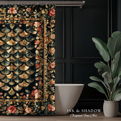 Dark Floral Nordic Inspired Shower Curtain | Pink Botanical Fairytale Bathroom Decor Woodland Ethereal Dragon Scales Medieval Aesthetic Art