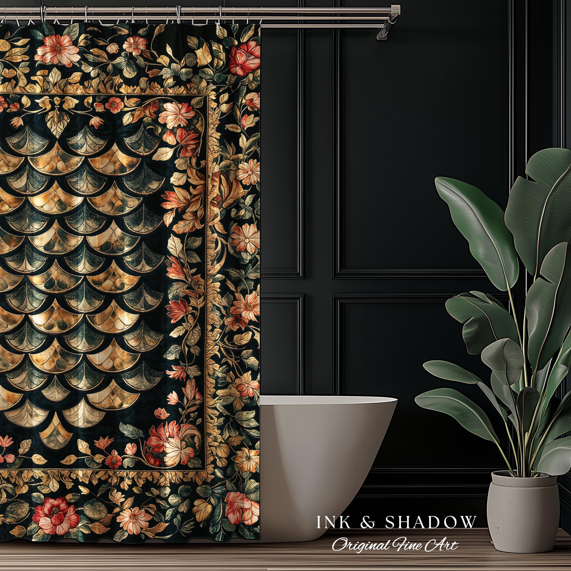 Dark Floral Nordic Inspired Shower Curtain | Pink Botanical Fairytale Bathroom Decor Woodland Ethereal Dragon Scales Medieval Aesthetic Art
