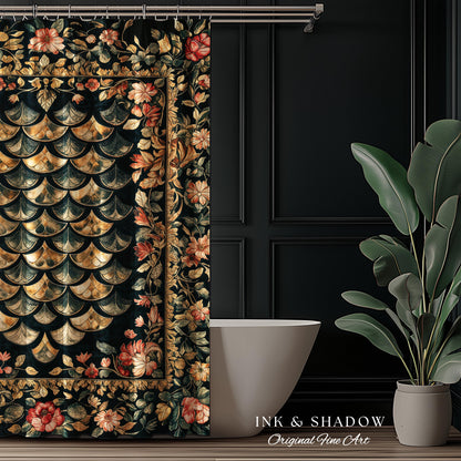Dark Floral Nordic Inspired Shower Curtain | Pink Botanical Fairytale Bathroom Decor Woodland Ethereal Dragon Scales Medieval Aesthetic Art